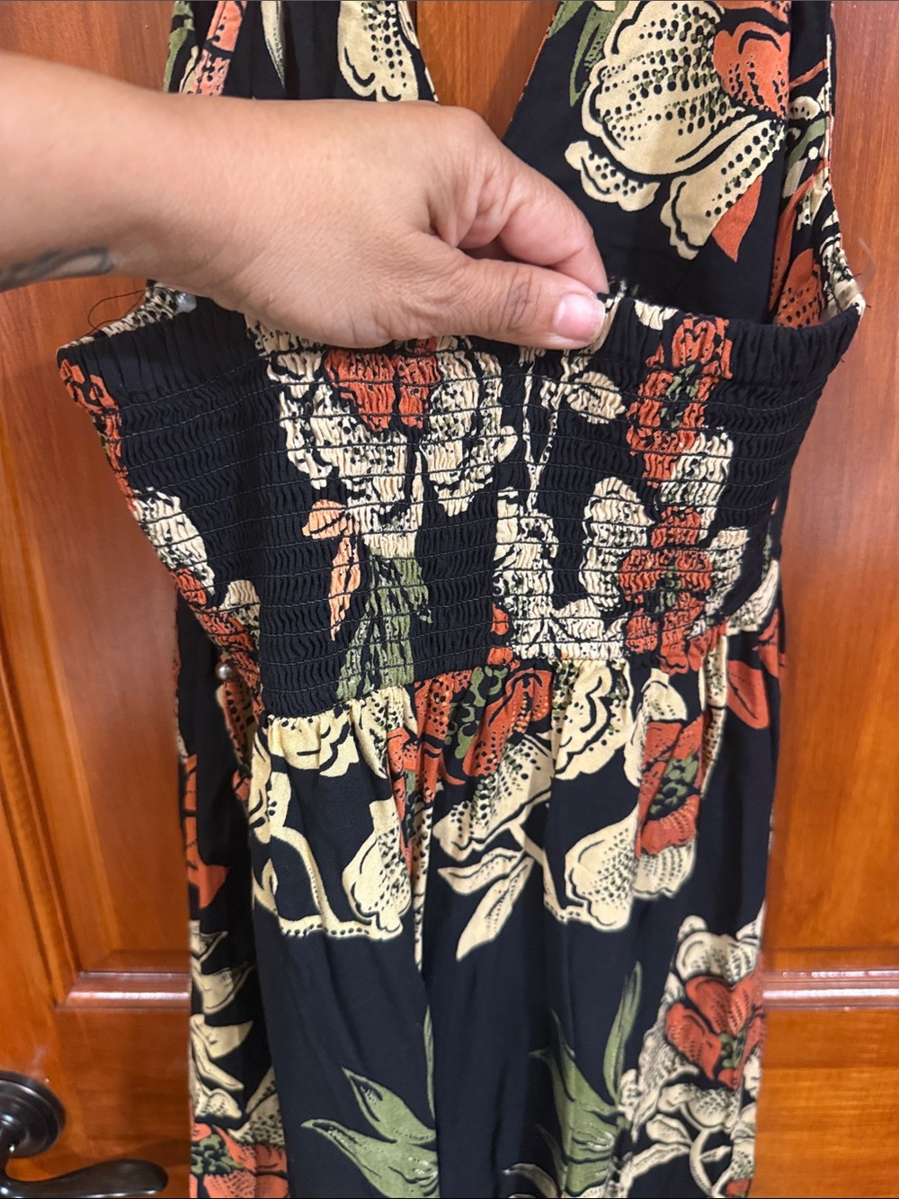 Floral V-Neck Halter Maxi jumpsuit  in Black and Rust - Picture 9 of 10
